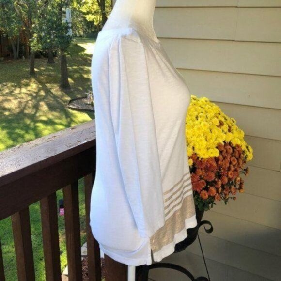 Loft Stripe Boat Neck Top, Ivory & Gold 3/4-Sleeve Cotton Women's Size XS - Picture 3 of 7